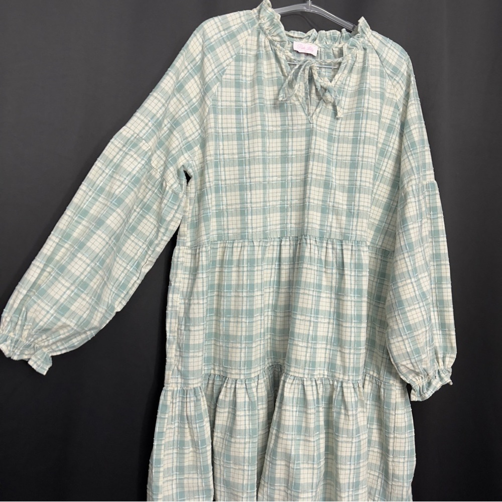 Pink Lily Plaid Tiered Babydoll Dress Large Long Sleeve - Picture 3 of 11